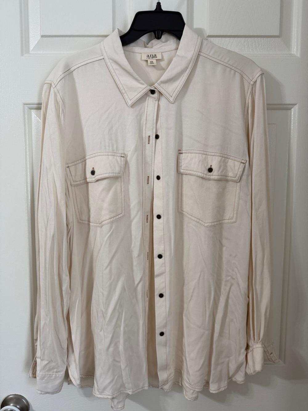 A.N.A. Off White Button Front Long Sleeve Top with Brown Contrast Stitching
